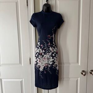 Blue High Collar Crew Neck Floral Sheath Midi Dress Cap Sleeves